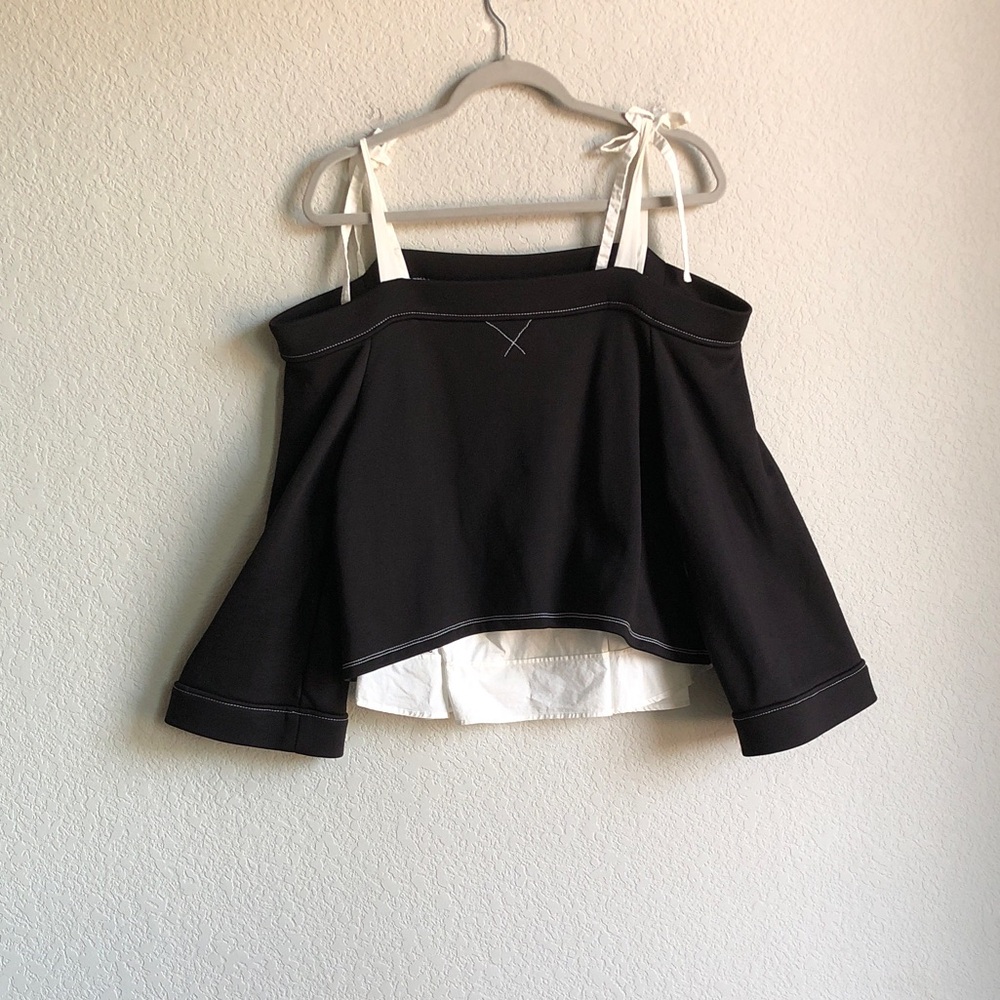 Cinq a Sept Tie Shoulder Long Wide Sleeve Top Colorblock Terry Poplin